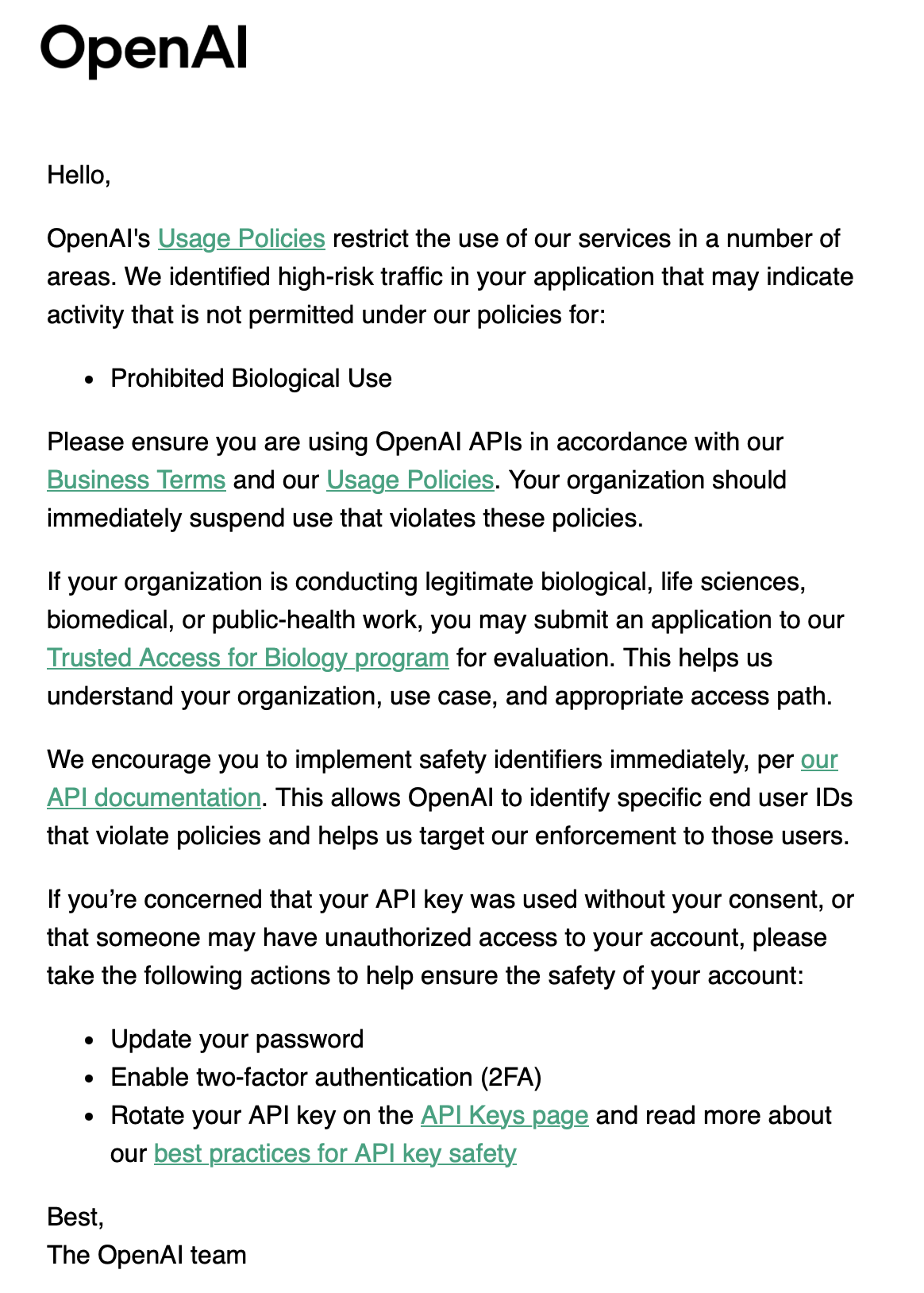 OpenAI Policy Violation Email