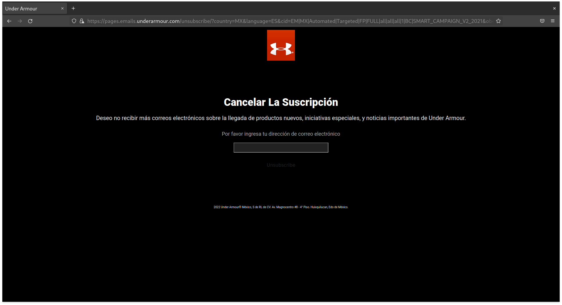 UnderArmour Unsubscribe Page